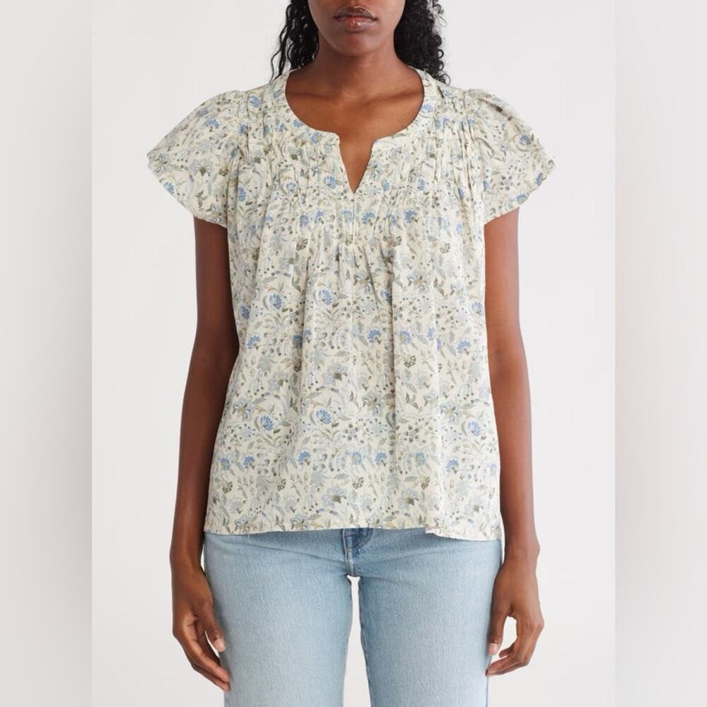 NWT Lucky Brand Floral Cap Sleeve Cotton Top in Cream Multi Floral - Size S
